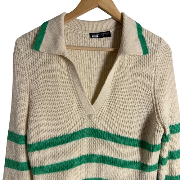 Central Park West Clementine Cream Green Striped Knit Polo Knit Sweater M - Picture 5 of 12